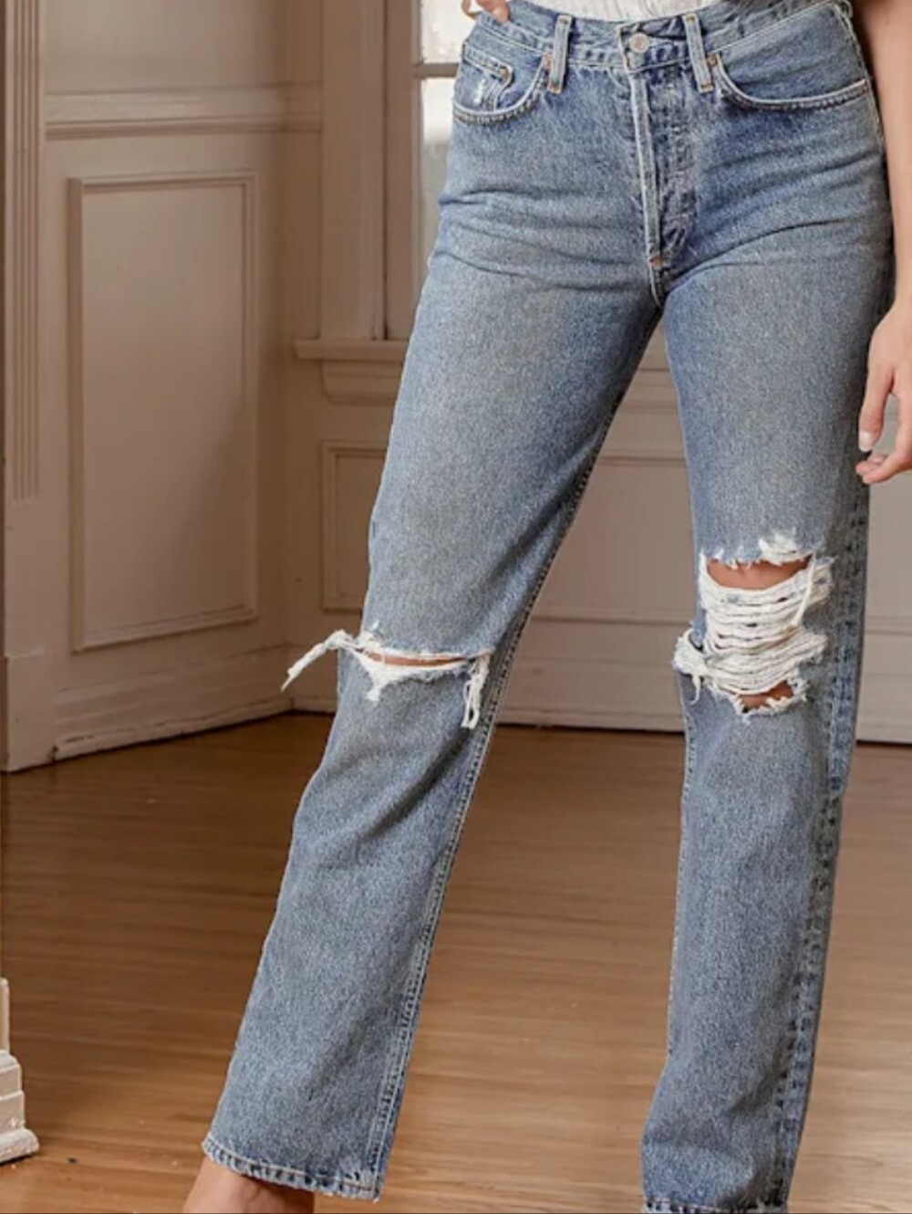 AGOLDE Lana Straight Leg Distressed Jeans - Blue Wash (Size 31)